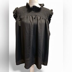 ROUGE COLLECTION Black Smocked Mock Neck Ruffle Sleeve Top Womens Plus‎ Size 2X